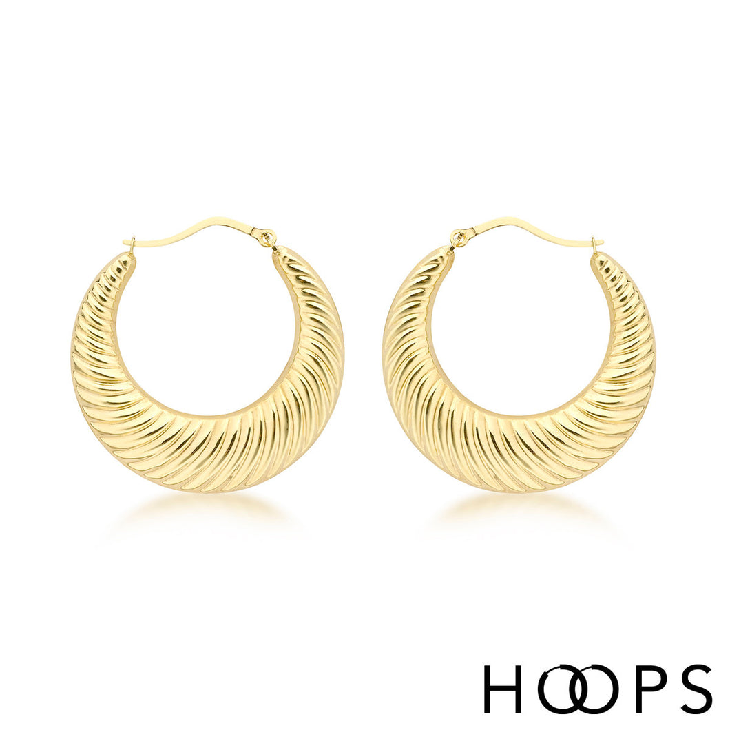 9ct Yellow Gold Ribbed Design Hoop Earrings